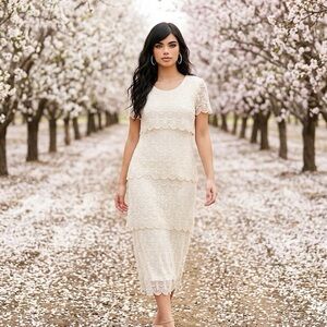 Aspeed white off white layered lace waterfall overlay midi dress sz Med